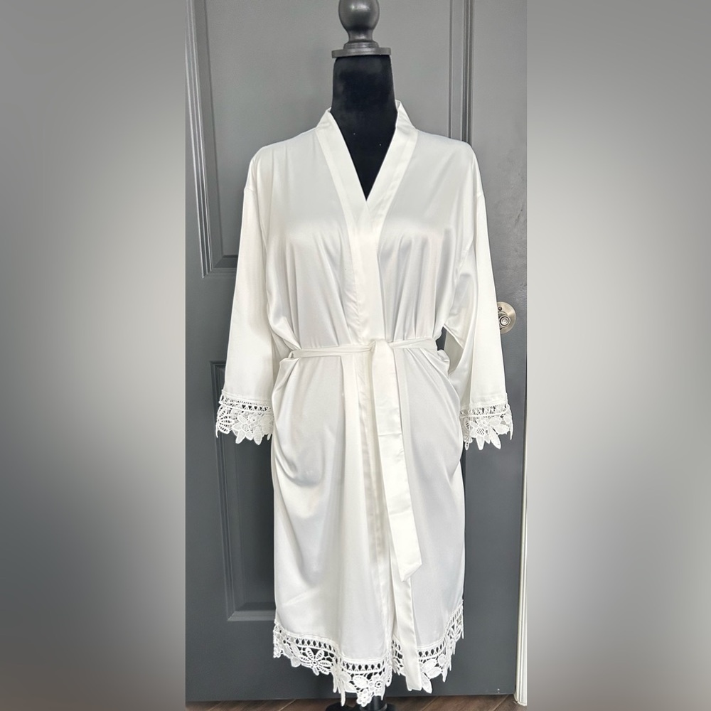 White Satin Bridal Robe with Lace Detail